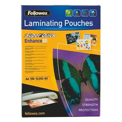 Boîte 100 pochettes de plastification A4 2 x 80 µ Fellowes SuperQuick