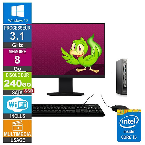 HP 600 G2 Mini i5-6500T 3.10GHz 8Go/240Go SSD Wifi W10 + Ecran 20 · Reconditionné