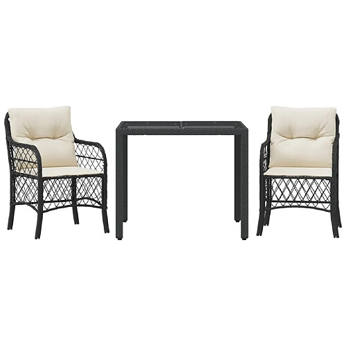 Maison Chic Ensemble de bistro 3 pcs avec coussins,Table + chaises + coussins de jardin noir résine tressée -GKD624211