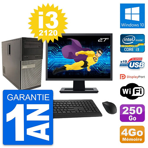 PC Tour Dell 790 MT Ecran 27" Intel i3-2120 RAM 4Go Disque 250Go Windows 10 Wifi · Occasion