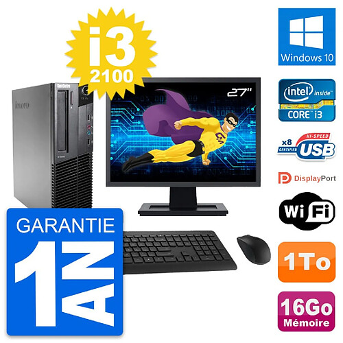 PC Lenovo M82 SFF Ecran 27" Intel i3-2100 RAM 16Go Disque 1To Windows 10 Wifi · Occasion