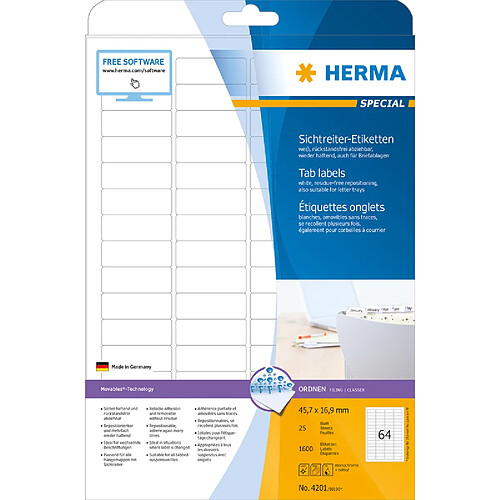 HERMA Etiquettes onglets SPECIAL, 45,7 x 16,9 mm, blanc ()