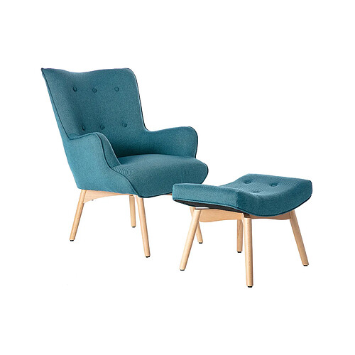 Miliboo Fauteuil design scandinave et son repose pied bleu canard et bois clair BRISTOL