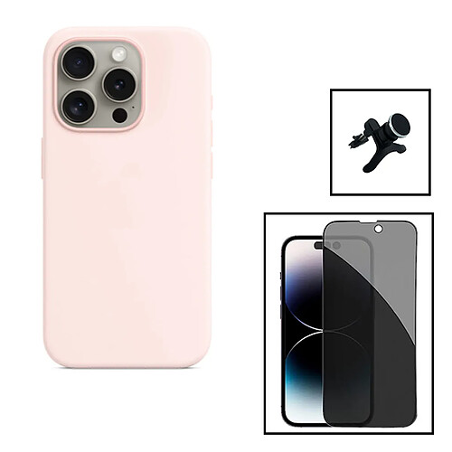 PHONECARE Kit Film Verre Trempé 5D Anti-Spy + Coque Silicone Liquide + Support Magnétique de Voiture Renforcé pour Apple iPhone 15 Plus - Rose