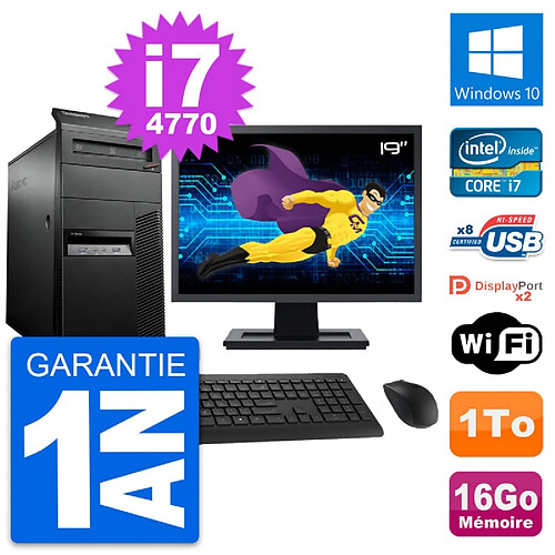 PC Tour Lenovo M93p Ecran 19" Intel i7-4770 RAM 16Go Disque 1To Windows 10 Wifi · Occasion