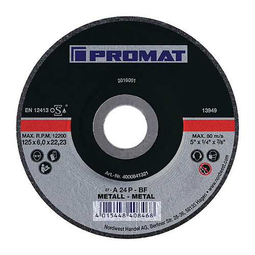 PROMAT Meule à ébarber D180xS8 mm contre-coudé acier perçage 22,23 mm (Par 10)