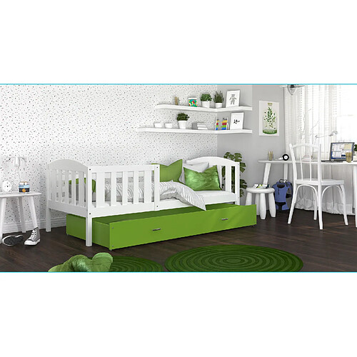 Kids Literie Lit enfant Téo 90x190  blanc vert  livré avec tiroir, sommier et matelas en mousse de 7cm offert