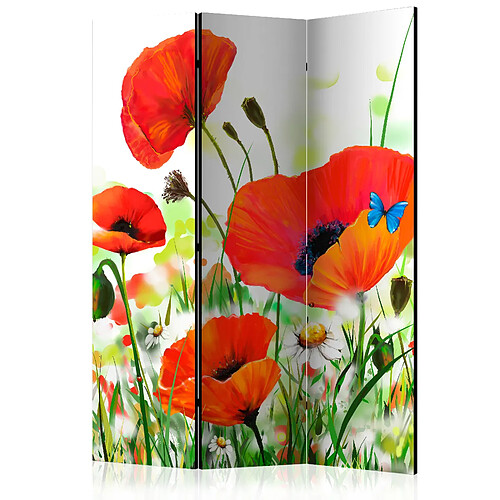 Decoshop26 Paravent 3 volets panneaux cloison séparateur de pièce pliable recto verso Coquelicots de pays 135x172 cm PAR110250