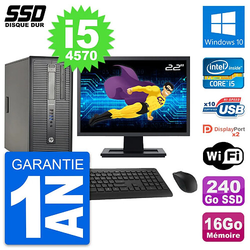 PC Tour HP ProDesk 600 G1 Ecran 22" i5-4570 RAM 16Go SSD 240Go Windows 10 Wifi · Occasion