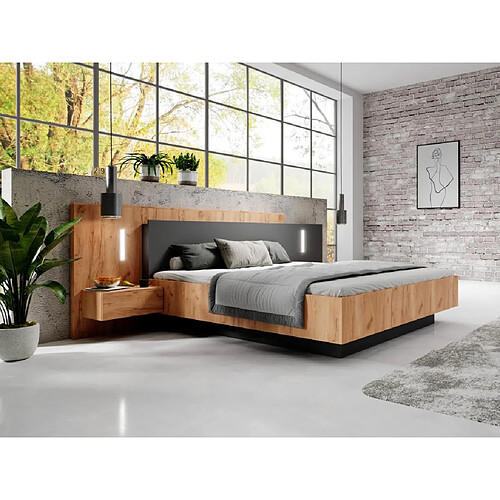 Vente-Unique Lit coffre avec chevets 160 x 200 cm - 2 tiroirs - Avec LEDs - Coloris : Naturel et anthracite + Matelas - FRANCOLI