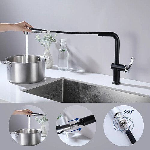 Cecipa max Mitigeur de Cuisine Extractibleavec 2 modes de sortie d'eau, Robinet de Cuisine 360 Rotatif, Noir + Galvanique,EU Modèle