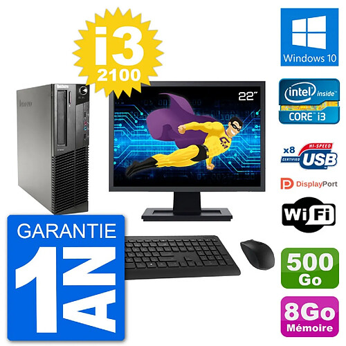 PC Lenovo M91p SFF Ecran 22" Intel i3-2100 RAM 8Go Disque 500Go Windows 10 Wifi · Occasion