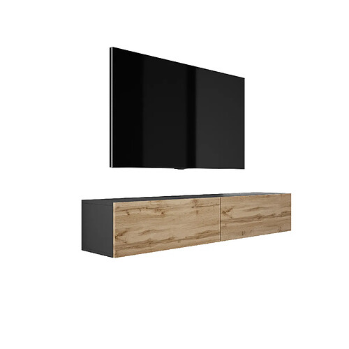 3XELIVING Meuble TV suspendu, D: l : 170 cm, H : 34 cm, P : 32 cm NOIR MAT/CHÊNE WOTAN