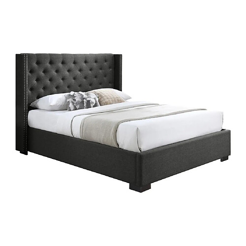 Vente-Unique Lit coffre 160 x 200 cm avec tête de lit capitonnée - Tissu - Gris + Matelas - MASSIMO