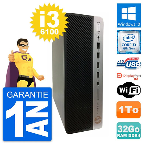 PC HP ProDesk 600 G3 SFF Intel Core i3-6100 RAM 32Go Disque 1To Windows 10 Wifi · Occasion