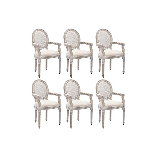 Vente-Unique Lot de 6 chaises avec accoudoirs - Cannage, tissu et bois d'hévéa - Beige - ANTOINETTE