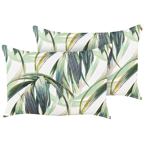 Beliani Lot de 2 coussins d'extérieur à motif de feuilles vert et blanc 40 x 60 cm CALDERINA