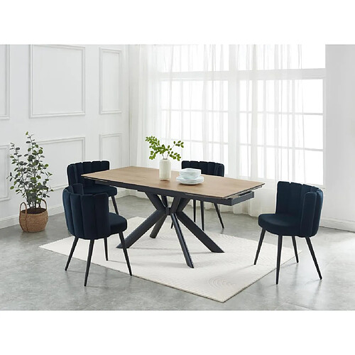 Vente-Unique Table à manger extensible 6 à 10 personnes en céramique, verre trempé et métal - Naturel clair et Noir - LIOMINA de Maison Céphy