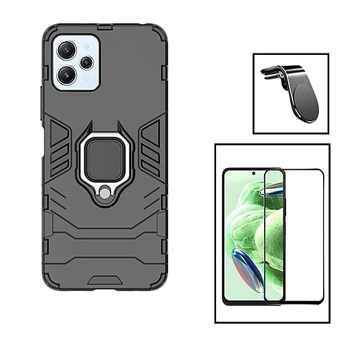 PHONECARE Kit Film Verre Trempé 5D Full Cover + Coque 3X1 Military Defender + Support Magnétique L pour Xiaomi Redmi 12 5G - Noir