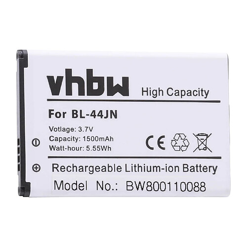 vhbw Li-Ion Batterie 1500mAh (3.7V) pour téléphone, smartphone LG Gelato Q, Hub, L15G, L16C, L3 2, L3 II, L38c comme BL-44JN, 1ICP5/44/65.