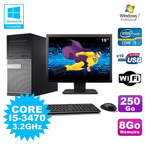 Lot PC Tour Dell 790 Intel I5-3470 3.2Ghz 8Go 250Go DVD WIFI Win 7 + Ecran 19" · Occasion