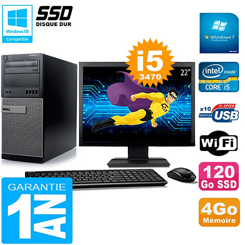 PC Tour DELL 7010 Ecran 22" Core I5-3470 RAM 4Go Disque 120 Go SSD Wifi W7 · Occasion