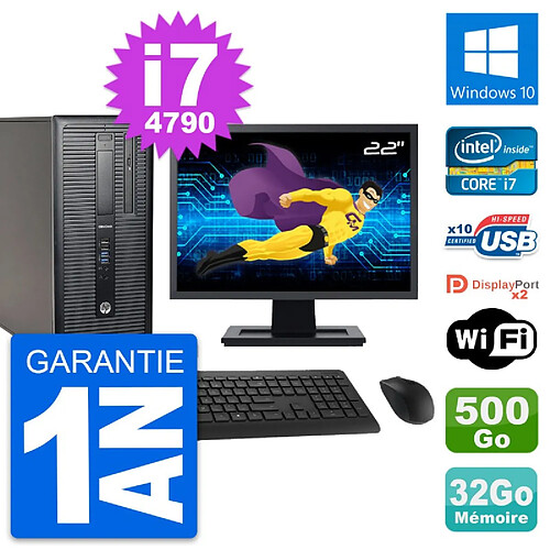 PC Tour HP 800 G1 Ecran 22" Intel i7-4790 RAM 32Go Disque 500Go Windows 10 Wifi · Occasion