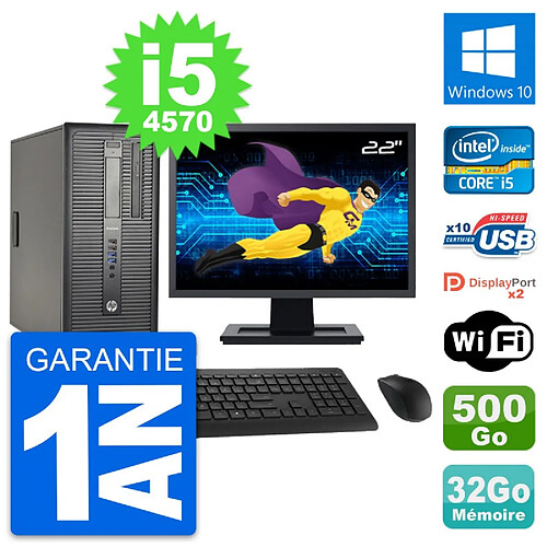 PC Tour HP 600 G1 Ecran 22" Intel i5-4570 RAM 32Go Disque 500Go Windows 10 Wifi · Occasion