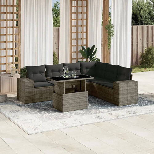 vidaXL Salon de jardin avec coussins 7 pcs gris résine tressée