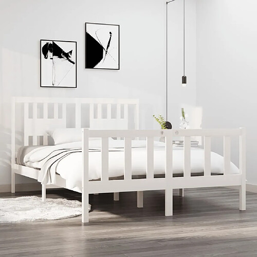 vidaXL Cadre de lit Blanc Bois massif 135x190 cm Double