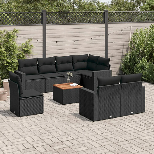 vidaXL Salon de jardin 9 pcs avec coussins noir résine tressée