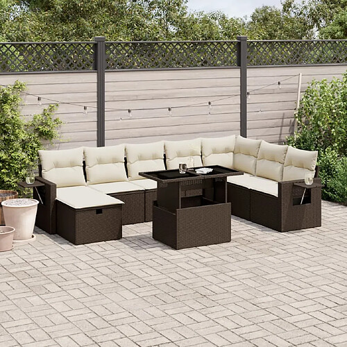 vidaXL Salon de jardin avec coussins 9 pcs marron résine tressée