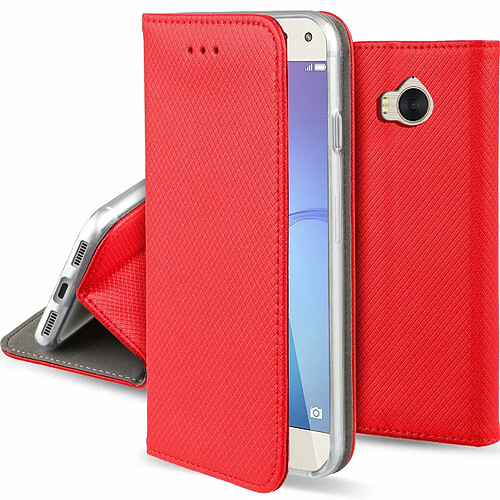 Moozy Case Flip Cover pour Huawei Y6 2017, Rouge - Étui à Rabat Magnétique Intelligent avec Porte-Cartes et Support