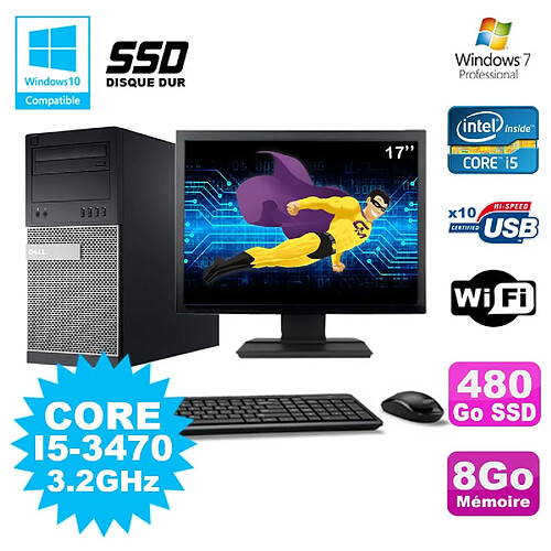 Lot PC Tour Dell 7010 I5-3470 3.2Ghz 8Go 480Go SSD DVD WIFI Win 7 + Ecran 17 · Occasion