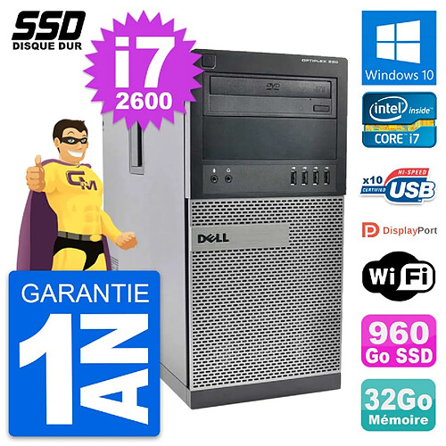 PC Tour Dell OptiPlex 990 Intel Core i7-2600 RAM 32Go SSD 960Go Windows 10 Wifi · Occasion