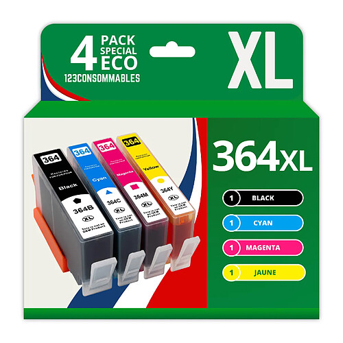 123CONSOMMABLES - 364XL - Pack 4 Cartouches d'encre Compatibles avec HP 364 364XL pour Officejet 4620 4610 4622 Deskjet 3070A 3520 3524 Photosmart 5520 5510 5511 5512 (1 Noir / 1 Cyan / 1 Magenta / 1 Jaune)