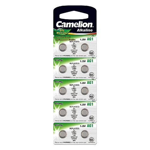 10 Camelion AG1 / LR60 / 164 / 364 / LR621 pile bouton, longue durée de conservation (date d'expiration marqué)