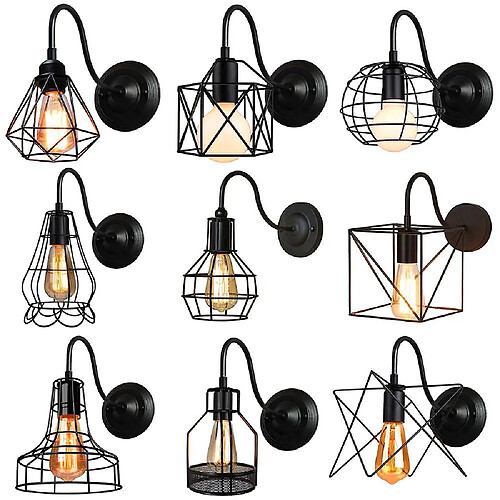 Universal Vintage LED Applique murale Vintage Loft Applique murale industrielle Noir E27 Fer Simple Abat-jour Cage Garde Fixation d'éclairage intérieur (I)