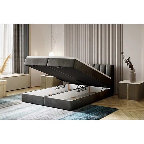 TRADA Lit adulte 160x200 cm CITY - avec matelas ressorts intégré, rangement et surmatelas - tissu velours – gris foncé