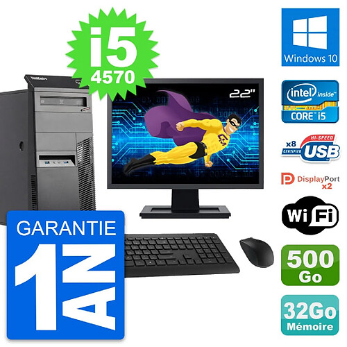 PC Tour Lenovo M83 Ecran 22" Intel i5-4570 RAM 32Go Disque 500Go Windows 10 Wifi · Occasion