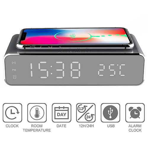 Universal Haut-parleur Bluetooth Réveil multifonctionnel et radio LED Subwoofer sans fil Lecteur de musique Horloge et chargeur sans fil | Haut-parleur portable (noir)