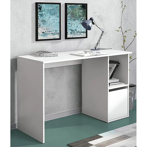 Pegane Table de bureau, meuble de bureau 1 porte coloris blanc - Longueur 90 x profondeur 54 x hauteur 74.6 cm