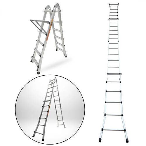 Secury-T Échelle articulée pliante et télescopique en aluminium 4x6 marches 6,04m + 1 tablette