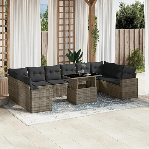 vidaXL Salon de jardin 11 pcs avec coussins gris résine tressée