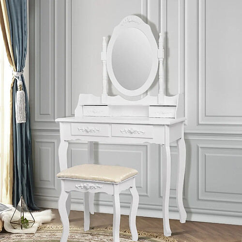 ML-Design Table de maquillage blanc table de coiffeuse avec miroir et tabouret moderne MDF