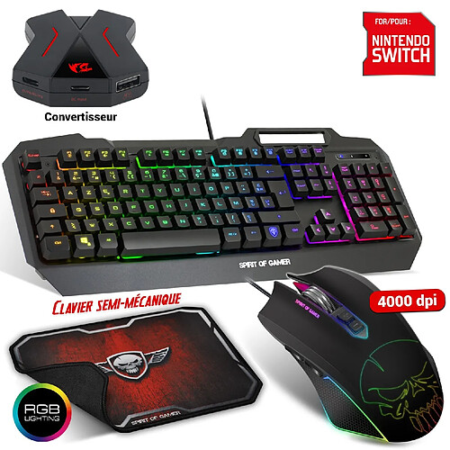 Spirit Of Gamers Pack Power gaming clavier semi-mécanique, souris, tapis compatible console Switch - RGB - Rétro éclairé