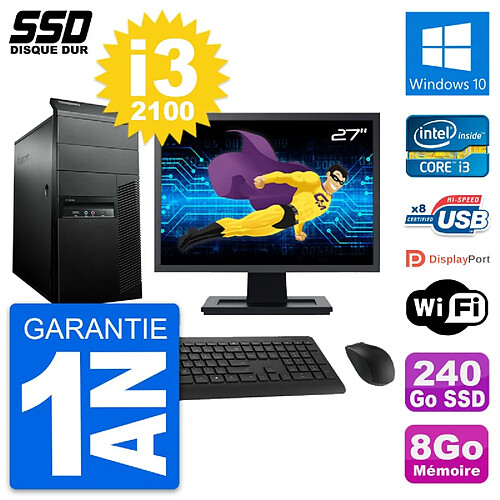 PC Tour Lenovo M91p Ecran 27" Intel i3-2100 RAM 8Go SSD 240Go Windows 10 Wifi · Occasion