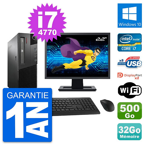 PC Lenovo M93p SFF Ecran 22" Intel i7-4770 RAM 32Go Disque 500Go Windows 10 Wifi · Occasion