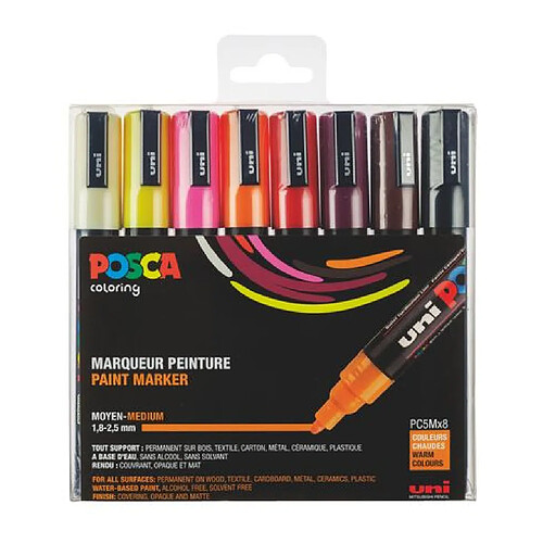 Marqueur Posca couleurs chaudes assorties pointe conique 1,8 à 2,5 mm - Boîte de 8