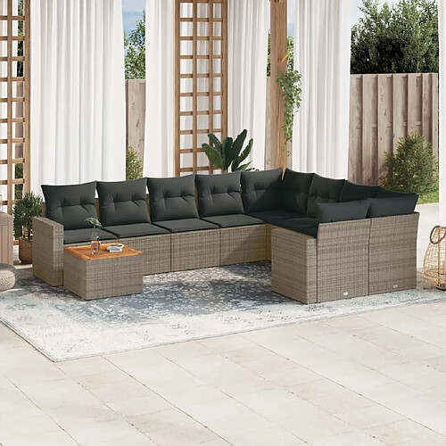 vidaXL Salon de jardin avec coussins 10 pcs gris résine tressée